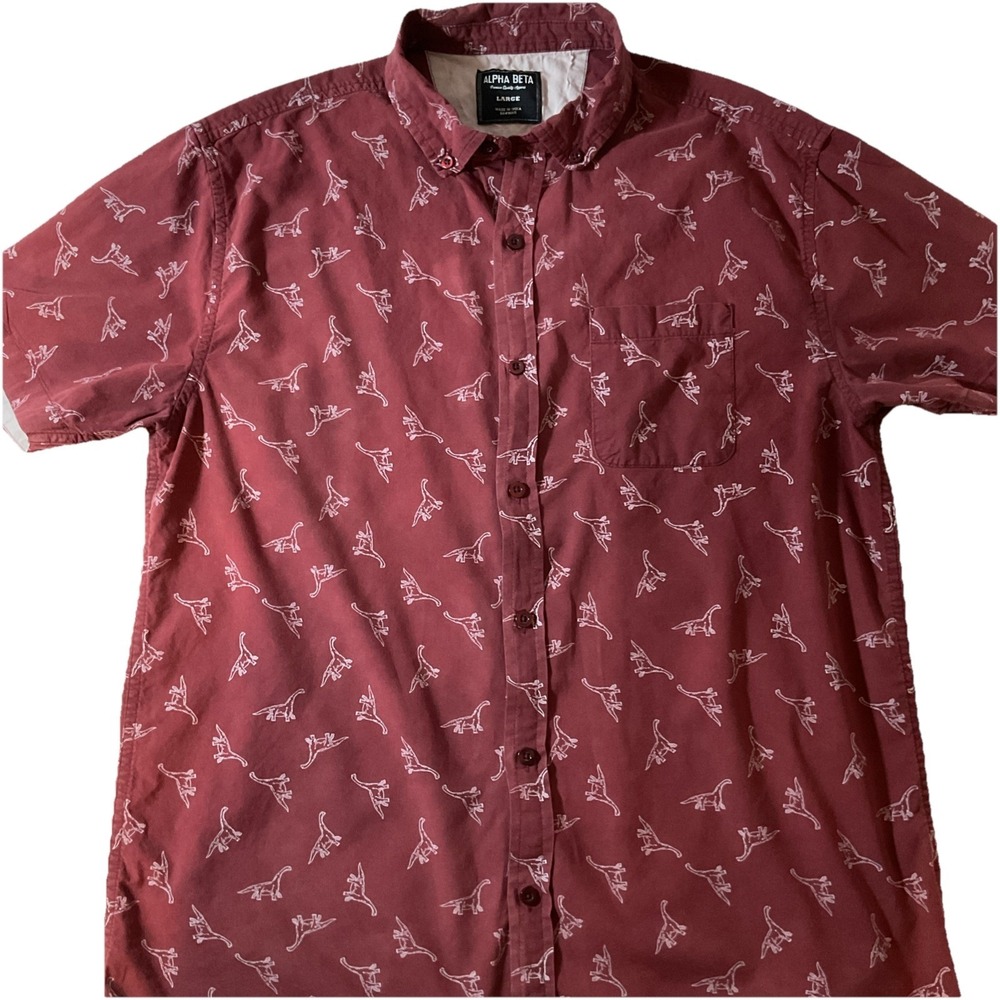 Alpha‎ Beta Maroon Button Down SS Shirt  Dinosaurs -  100% Cotton Size Large J35